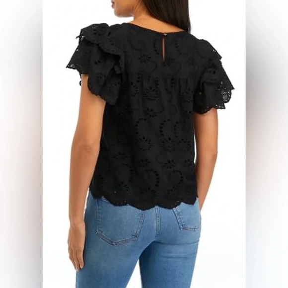 Industry Women's Double Ruffle Sleeve  Scallop Hem Eyelet Blouse Size S - Picture 2 of 9